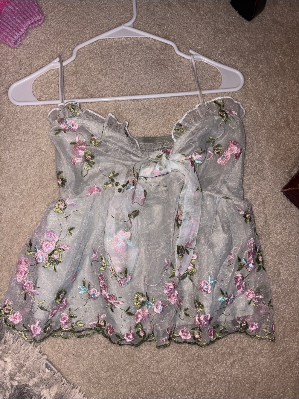 Embroidered Floral Mesh TubeTop in Sage with Pink Accents
